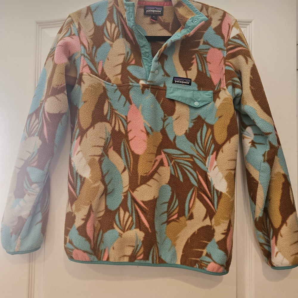 Patagonia Blue, Brown & Yellow Feather-Print Snap-T Fleece